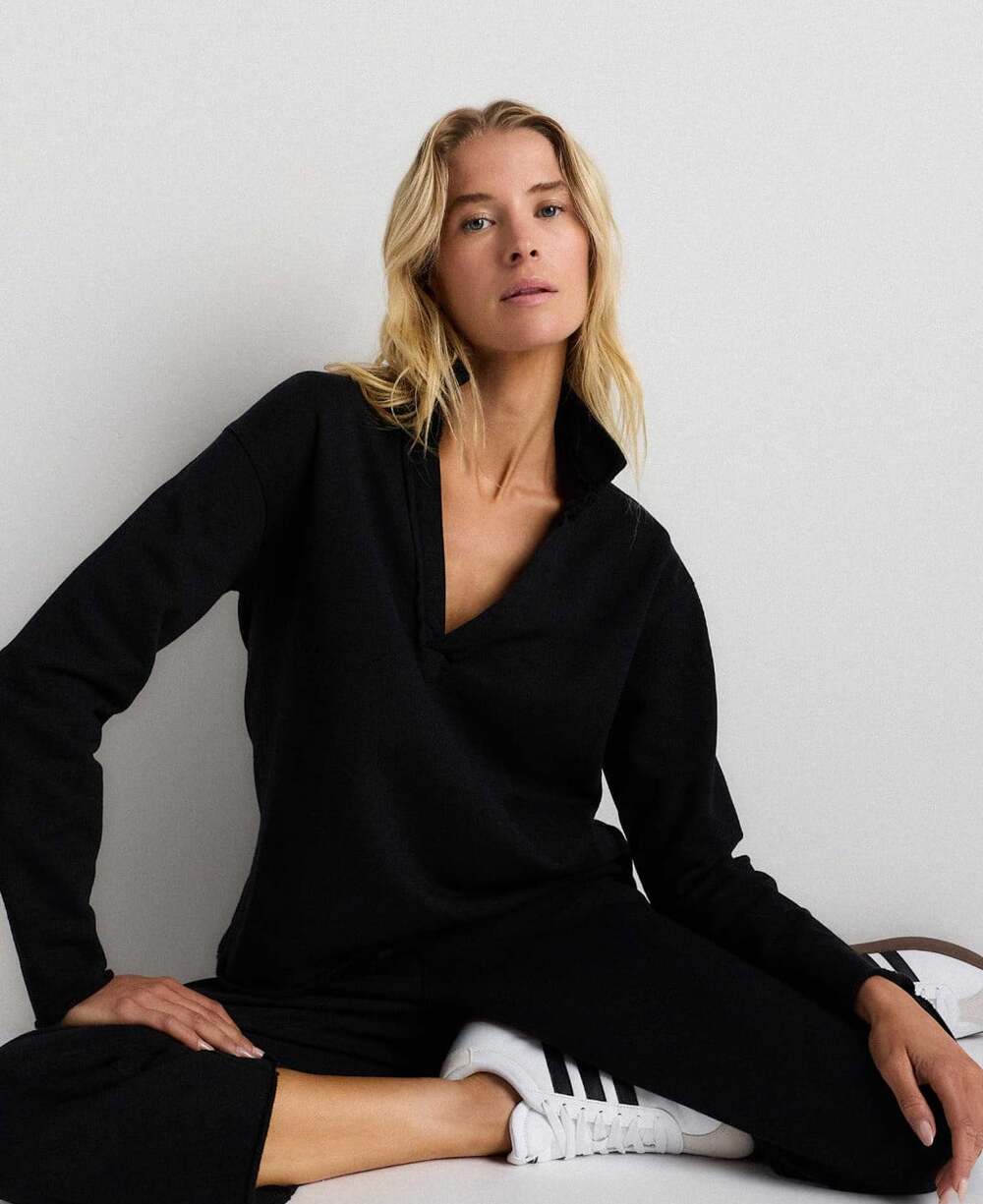 Quince Organic French Terry Pullover Mock Collar Raw Hem Black M Sweatshirt